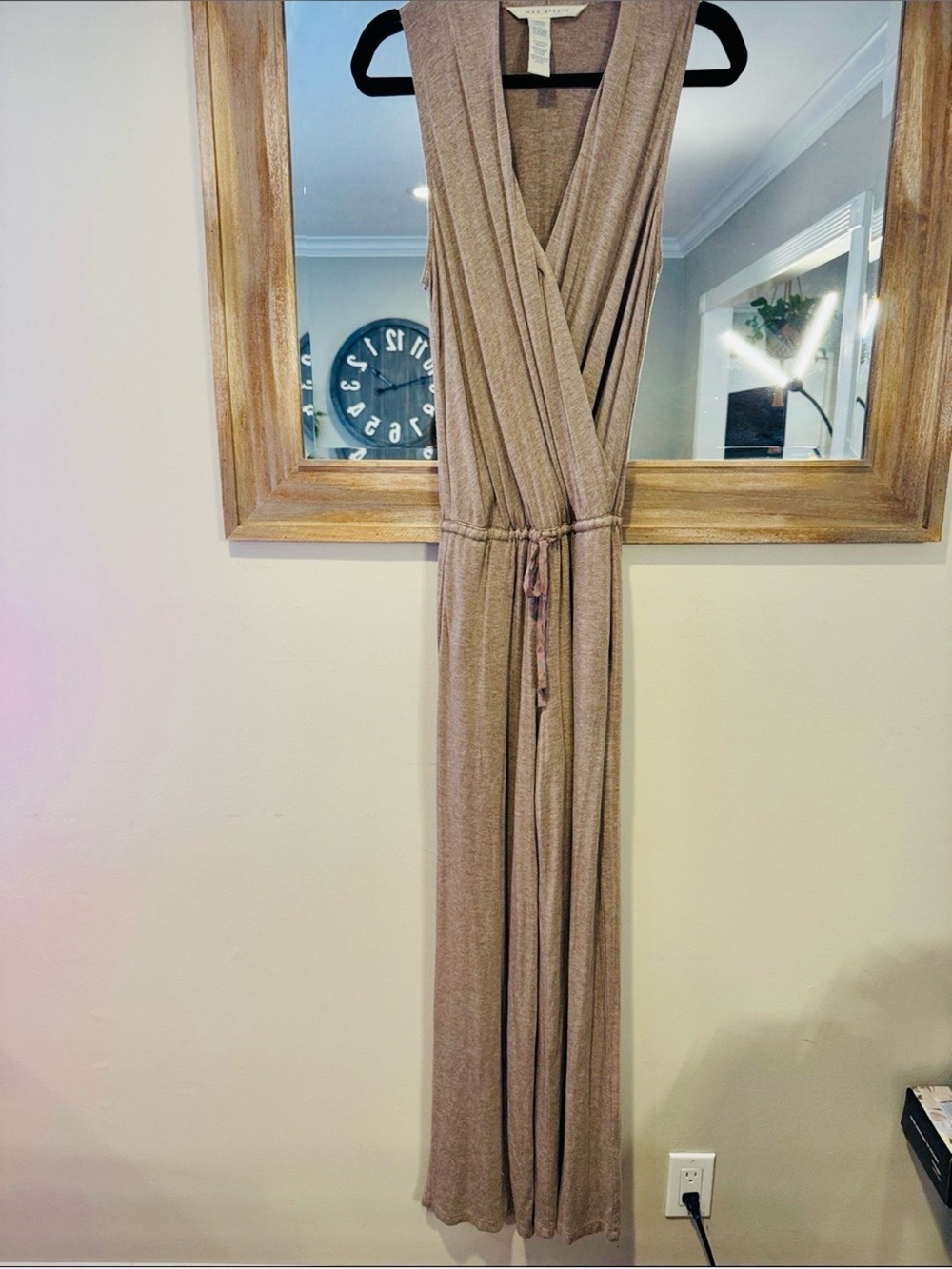 Max Studio Taupe Sleeveless Wrap Jumpsuit with Drawstring Waist